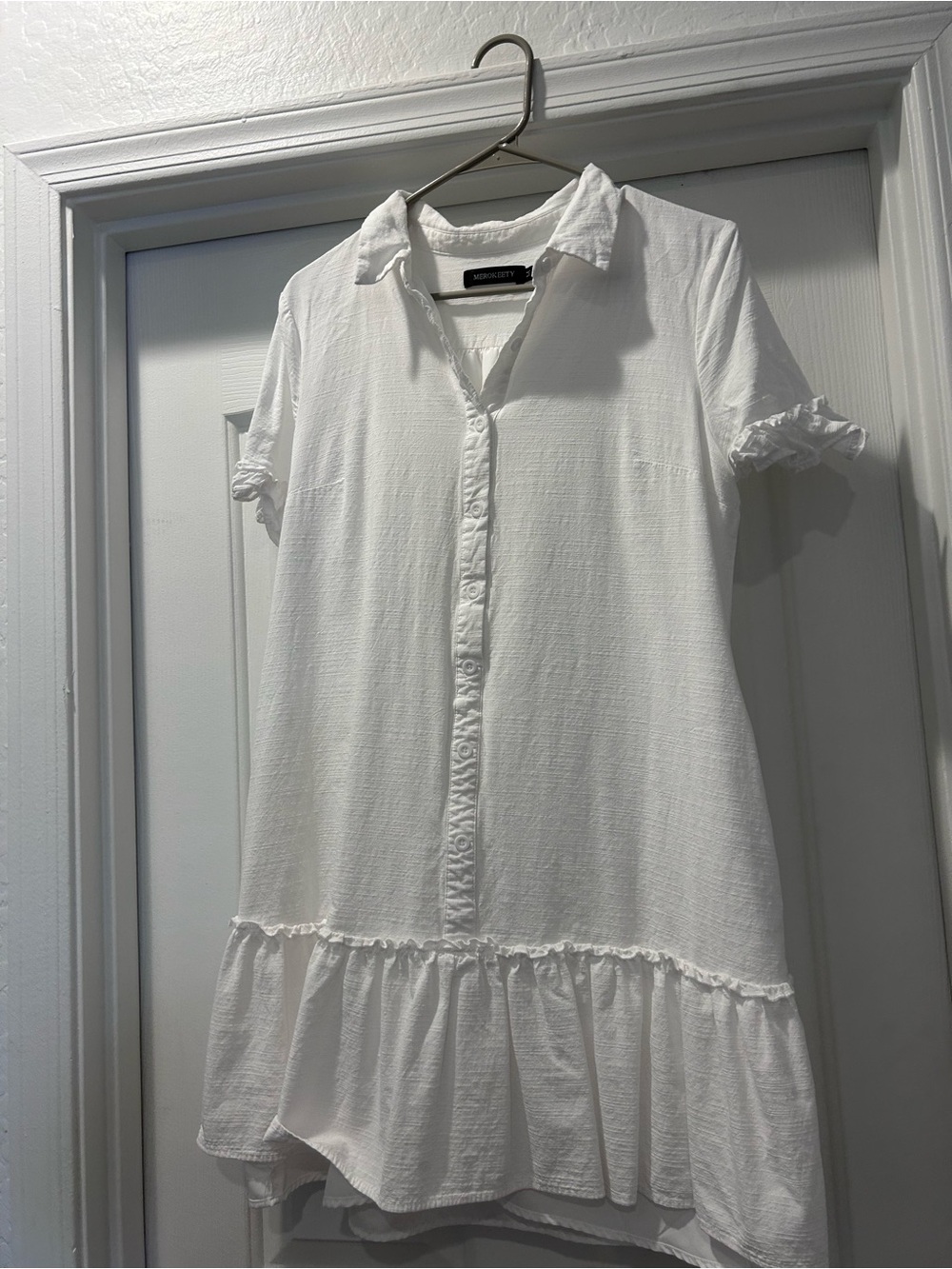 White Ruffle-Hem Button Front Dress
